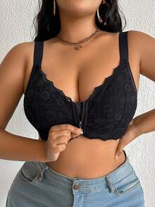 SHEIN 1pc Plus Size Black Wireless Lace Front Zip Closure Comfortable Wide Strap Bra - Black - View 1