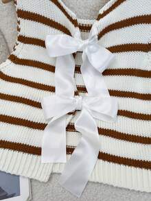 Elamini Women's Autumn/Winter Casual Knitted Vest With Bow Decor And Striped Pattern - Multicolor - View 3