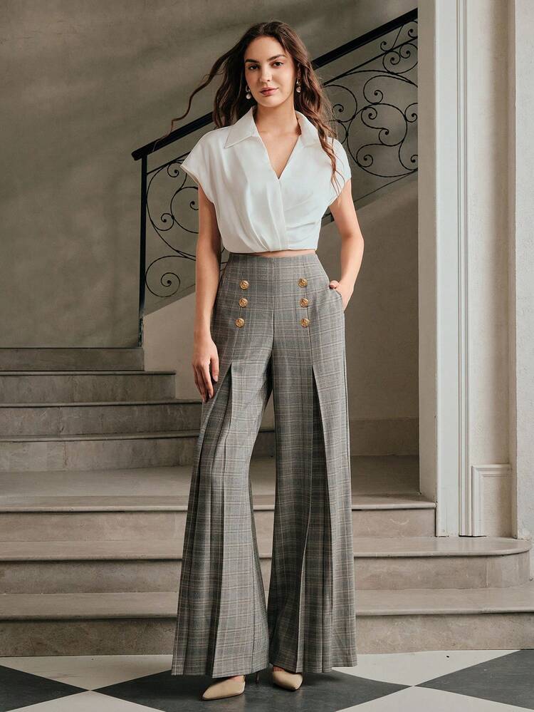 Fall & Winter Women's Clothing Wear Comfortable Casual Commuting Versatile Fashion Elegant Simple Classic Modern Back To School Season Tweed Plaid Decoration Classic Metal Button Pocket Slit Wide Leg Waist Zipper Women's Pants