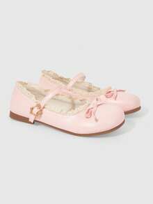 ROMWE Kawaii Women's Brown Loafers, Closed Toe Mary Jane Flats, Bow Lace Lolita Ballet Flat Shoes - Pink - View 3