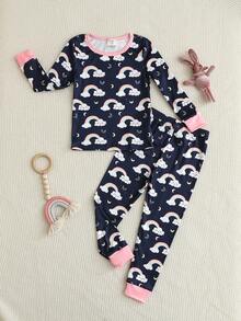 Young Girl' Casual Comfortable Soft Knit Rainbow Cloud Contrast Color Snug Fit Loungewear Set - Multicolor - View 6