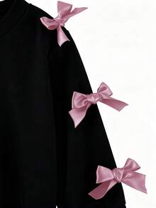 SHEIN 2件套年轻女孩简约时尚黑色蝴蝶结装饰上衣和黑色裤子运动服套装 - 黑色 - 查看 6