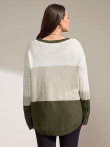 Momelise Plus Size Blogger-Inspired Colorblock Twist Rope Floral Pattern Loose Casual Crew Neck Long Sleeve Pullover Sweater, European & American Style