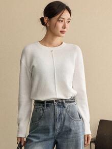 Dazy-Less Thermal Lined Loose Business Casual Long Sleeve T-Shirt For Women, Color Block, Suitable For Autumn & Winter Office Wear - White - View 6