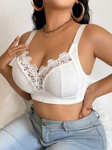 大码优雅纯色蕾丝拼接无钢圈文胸 - 白色 - 查看 6