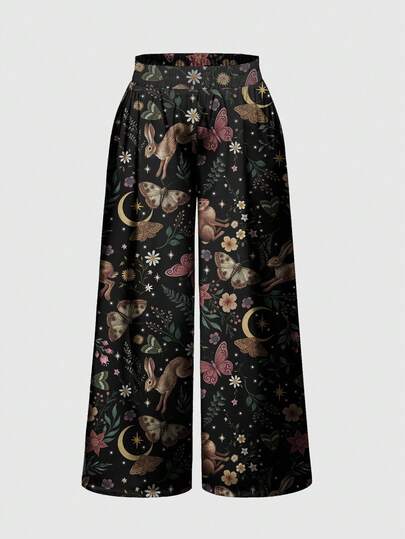 Goth Cute Rabbit Mori Style Floral, Sun & Moon Print Long Socks For Women, Autumn/Winter