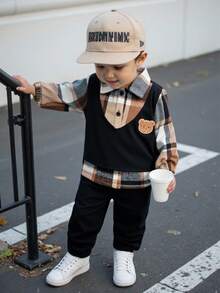 SHEIN 2件套男婴棕色格子灯芯绒二合一套装和黑色灯芯绒裤子 - 彩色 - 查看 8