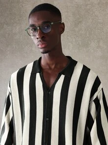 SUMWON Men's Ribbed Knit Button Down Polo Shirt Vertical Striped Short Sleeve Casual Summer Top - Black - View 3