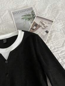 Franclia Women's Single-Breasted 2 In 1 Fleece Long Sleeve T-Shirt - Black - View 3