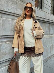 MISSGUIDED Giacca utility in cotone da donna con vita regolabile in vita, casual, moda autunno inverno, con chiusura lampo anteriore, colletto marrone, stile cargo