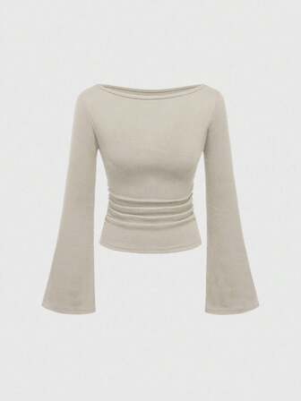 Goth Sexy Boat Neck Bell Sleeve Solid Color Tight Fit Women's T-Shirt