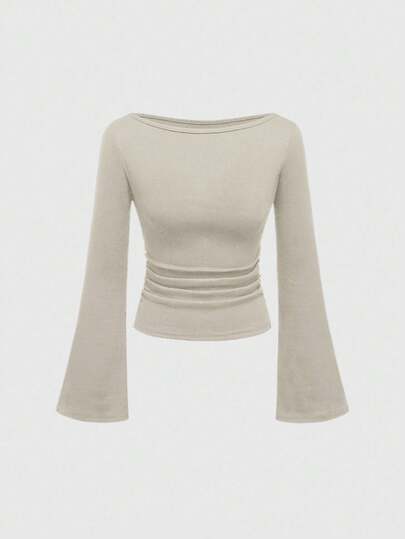 Goth T-shirt moulant pour femmes à col bateau et manches évasées, couleur unie