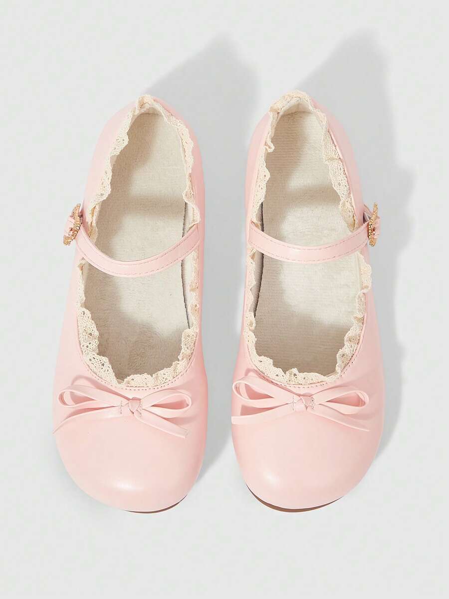 ROMWE Kawaii Women's Brown Loafers, Closed Toe Mary Jane Flats, Bow Lace Lolita Ballet Flat Shoes - Pink - View 1