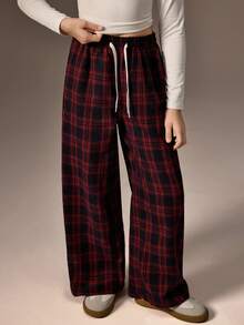 SHEIN Pantalones de cuadros rojos para niñas preadolescentes, pantalones rectos de moda casual de pierna ancha - Verde militar - Ver 3