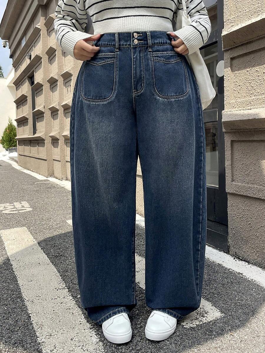 SHEIN EZwear 加大码女式无弹力牛仔裤，新学院风设计，硬挺质地，韩式休闲风格，高腰双纽扣，修身百搭香蕉裤，及踝长度 - 深色水洗藍 - 查看 1