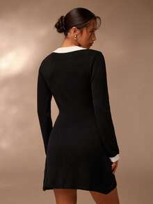 SHEIN Glamour SHEIN Spring And Summer Elegant Autumn New Single-Piece Knitted Black 
And White Long-Sleeved Round-Neck Mid-Length Women's Party Cardigan New Year Dress - Black and White - View 2