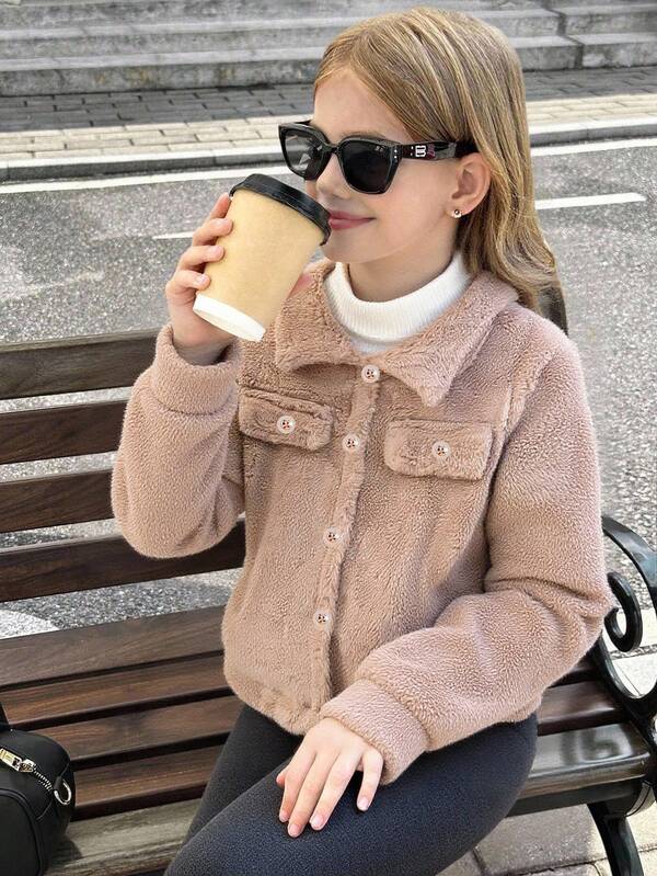 Tween Girl Solid Long Sleeve Fur Collar Jacket, Autumn/Winter