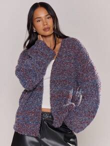 MUSERA Áo len cardigan tay loe dáng rộng, phong cách mùa xuân Y2K 90s, dễ thương, ngọt ngào, thích hợp cho sân bay, đi học, mùa đông và mặc hàng ngày. - Màu xanh hải quân - Xem 1