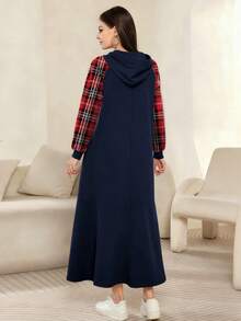 Modelyn 咖啡字母印花海军蓝时尚连帽格子插肩长袖超长连衣裙，女式，春秋季 - 彩色 - 查看 2