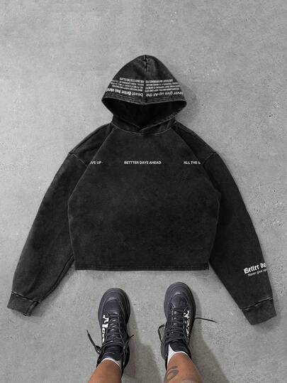 PAVTROS 这款男士短款水洗卫衣，复古质感，印有励志英文“Better Day Ahead”（美好的一天即将到来）和独特的数字图案，时尚百搭。短款设计，是送给男友的完美礼物。这款印花连帽衫/短款印花连帽衫适合秋冬季穿着，长袖上衣。