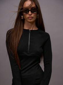 MUSERA Panelled Zip Through Raglan Long Sleeve Top Only Autumn Fall  Night Out Going Out Streetwear Cute Sexy Festive Holidays Party Spring Summer - Black - View 2