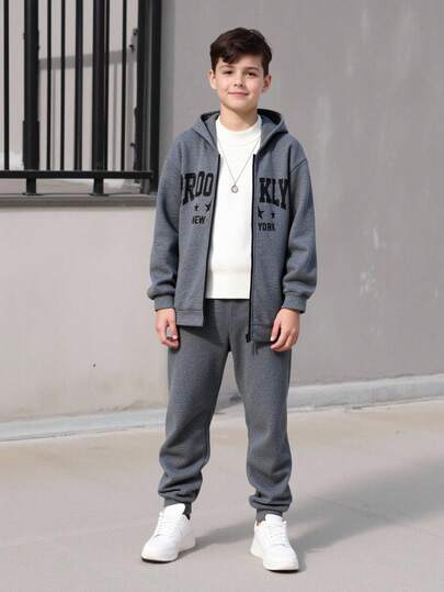 SHEIN Tween Boy Hooded Sweatshirt & Letter Print Loose Fit Pants 2 Pieces Set, Casual Outdoor Sports & School Wear Boys Sweatsuits Set Boys Autumn Winter Casual Two Pieces Set Hoodie And Sweatpants Set