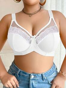 DesireSculpt Plus Size Solid Color Contrast Lace Underwire Bra - White - View 7