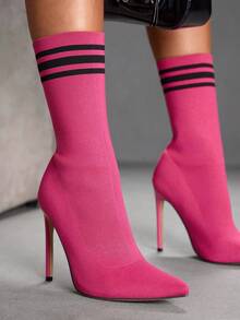 CUCCOO SZL 性感时尚尖头细高跟休闲百搭侧拉链女式中筒靴 - 玫紅色 - 查看 5