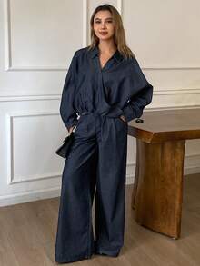 DAZY Women's Turndown Collar Long Sleeve Loose Shirt And Straight Leg Jeans Casual Suit - Dark Wash - View 5