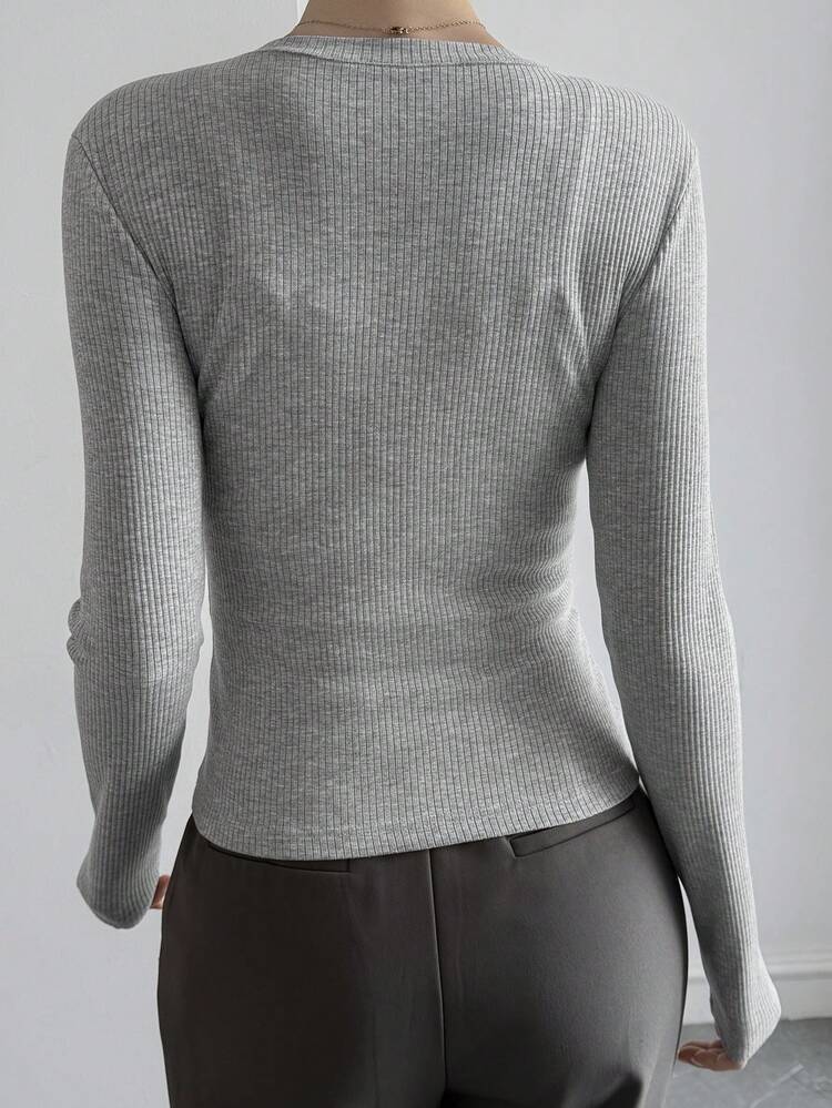 Women's Casual Solid Color V-Neck Slim Fit T-Shirt, Autumn/Winter Long Sleeve Women