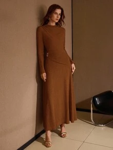 PREMIUM WOMEN'S STRUCTURED KNIT JERSEY FABRIC ELASTIC LONG SLEEVE ELEGANT DRESS - Multicolor - View 6