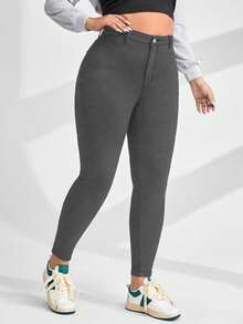 SHEIN CURVE+ 大码女式牛仔弹力休闲简约修身七分牛仔裤，女士牛仔竞技风格 - 灰色 - 查看 5