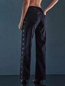 Denimoi Jeans décontractés coupe ample pour femmes avec poches latérales et décoration d'œillets - Noir - Voir 5