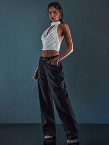 Denimoi Top de cuello de cowl con aplicaciones de strass y malla - Blanco - Ver 3