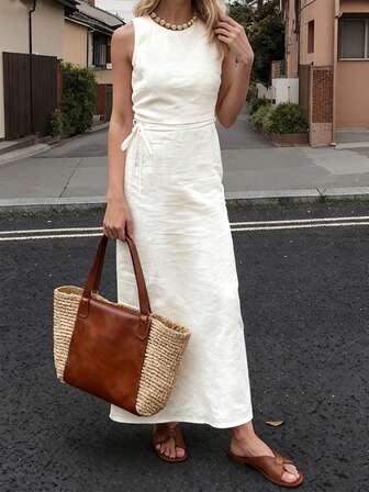 INAWLY Women Vacation Casual White Sleeveless Dress