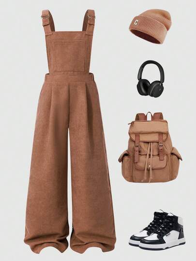 Sparklyn Girls' Retro Corduroy Bib Pants, Straight Leg Casual Wide Leg Jumpsuit With Pockets, Adjustable Straps