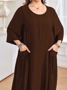 Al Najma Women's Loose Fit Round Neck 3/4 Sleeve Dress With Large Pockets, Comfortable , Casual Daily Wear, Plus Size - Rust Brown - View 4
