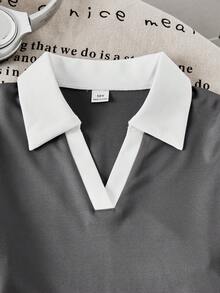 两件套少女套装，Polo领半拉链长袖T恤和松紧腰宽松阔腿休闲裤，秋季款 - 深灰色 - 查看 3