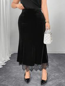 Modelyn Plus Size Women Black Velvet Contrast Lace Fishtail Skirt, Flattering/Versatile/Work/Casual - Black - View 5