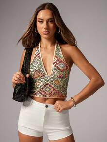 Avenya Top curto com decote em V, sexy e elegante, estilo halter, com bordado de contas - Multicolorido - Ver 3