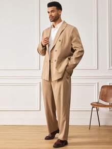 EASEVO Plus Size Men's Solid Color Lapel NeckDouble-Breasted Suit Jacket And Suit Pants Casual Set - Brown - View 4