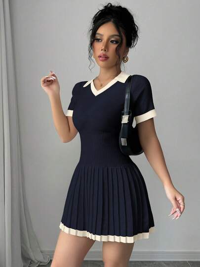 Elenzga Contrast Color V-Neck Casual Pleated Sweater Dress