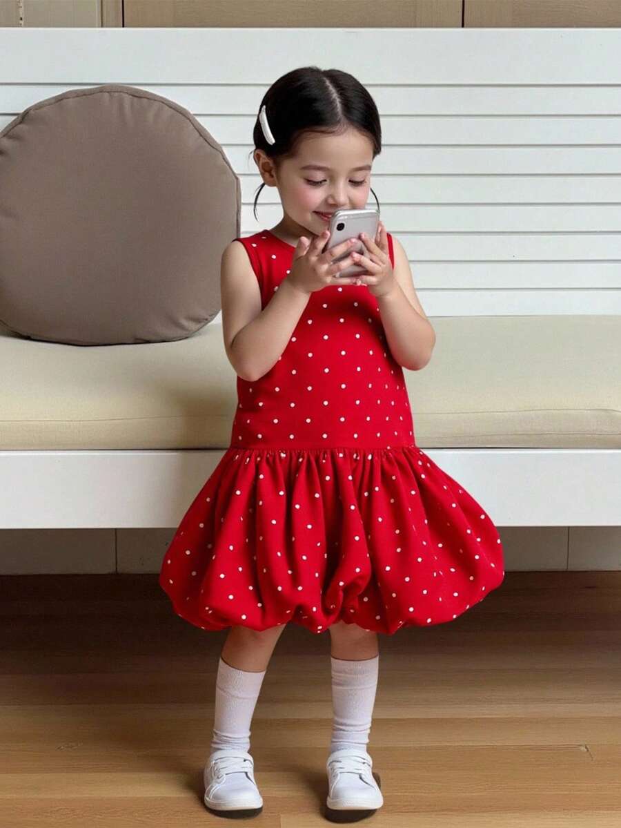 SHEIN 2025年女婴波点无袖公主裙，夏季休闲连衣裙 - 紅色 - 查看 1