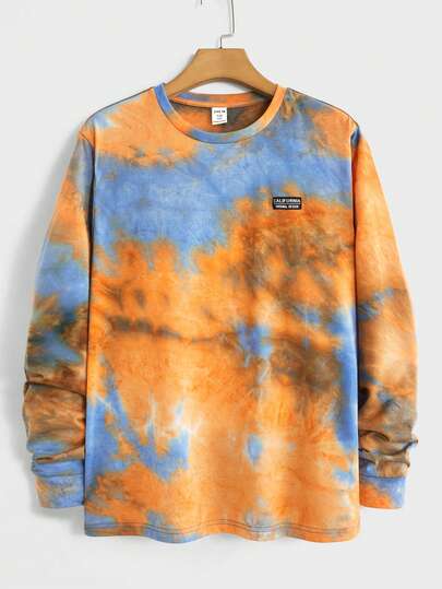 SHEIN Teen Boys 1pc Casual Sports Street Comfortable Versatile Warm Super Cost-Effective Heterochromatic Tie-Dye Plus Woven Mark Design Round Neck Long Sleeve T-Shirt Back To School Clothes; Fall Outfits; Teen Boy Clothes; Fall Jackets; Fall Outfits Autumn/Winte