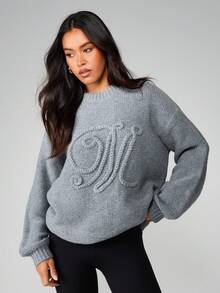 MISSGUIDED Oversized Cable Knit Sweater With Decorative Embroidered Monogram Detail Fall Winter Pullover - Grey - View 4