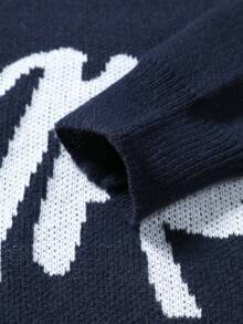 Manfinity EMRG Men's Casual Letter Pattern Crew Neck Loose Knit Sweater, Autumn/Winter, Long Sleeve Top - Royal Blue - View 5