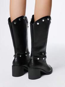 ROMWE 女式暗黑摇滚朋克哥特鞋，黑色皮带扣铆钉摩托车靴，及膝真皮马靴，西部靴 - 黑色 - 查看 5