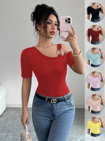 Elenzga Blusa elegante de verano de unicolor con cuello asimétrico, ajustada, con decoración de hebilla metálica, delgada y elegante, para vacaciones de mujer, blusas elegantes para damas, top corto
