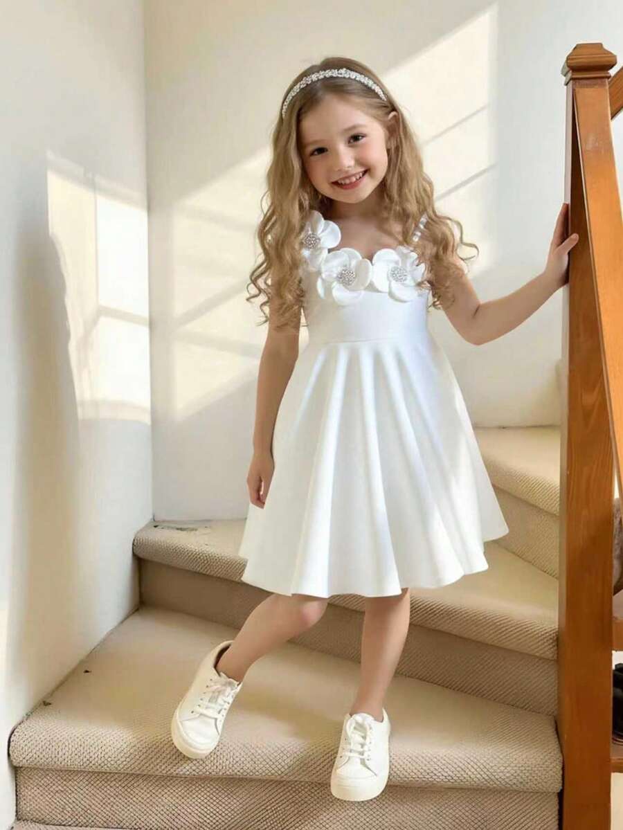 Elladie kids 年轻女孩白色串珠花卉装饰腰部喇叭形 A 字连衣裙，时尚适合生日派对，夏季