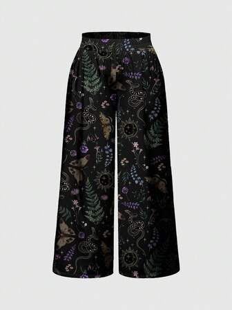 Goth Dark Gothic Mysterious Witch Moth Leaf Plant Butterfly Snake Sun Moon Star Wide Leg Pants For Women